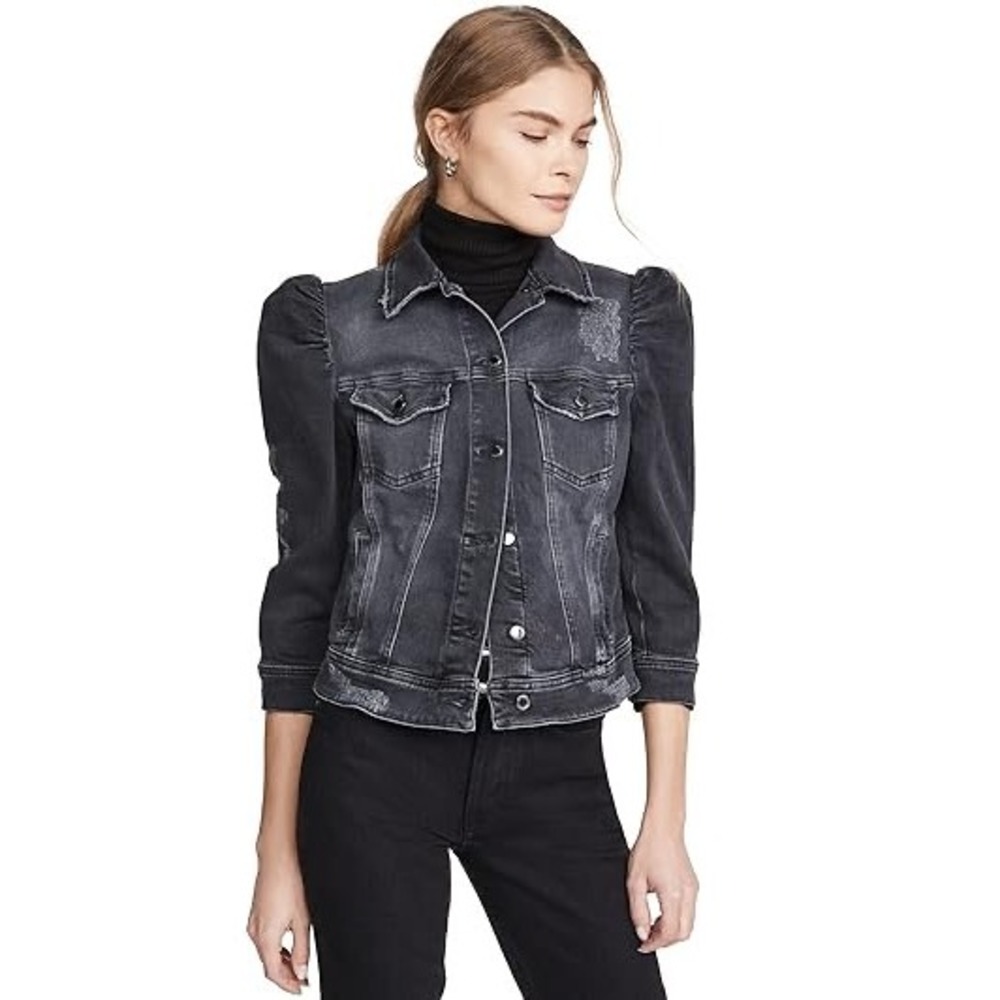 Retrofete Women's Ada‎ Denim Jacket Distressed Black Puff Sleeve HL20-2055 XS